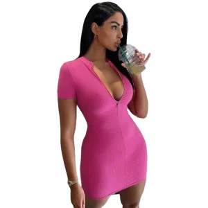 Women Clothing Spring Women’s High Neck Short Sleeve Knitted Dress Women’s Zipper Dress
