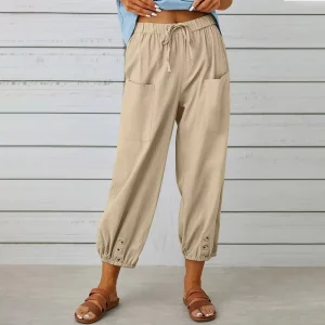 Women Cotton Linen Pants Women Elastic Plus Size 5xl Long Trousers Loose Fit Solid Color Women Palazzo Pants