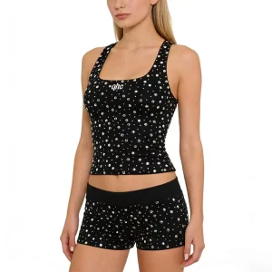Women Custom Logo Rhinestone Studded Tank Set With U Neck Sleeveless Elastic Waist Shorts Casual Streetwear Two Piece Outfit