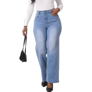 Women Denim Jeans Retro Straight Long Pants Casual Pockets Zipper Button Lady High Waist Loose Trousers