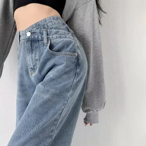 Women Denim Jeans Slant Waist Button Wide Leg Straight Retro Trousers Pants Street Girls Casual Jeans