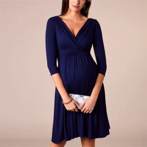 Women Dress Pregnant V Neck Long Sleeve Summer Solid Long Maternity Wear