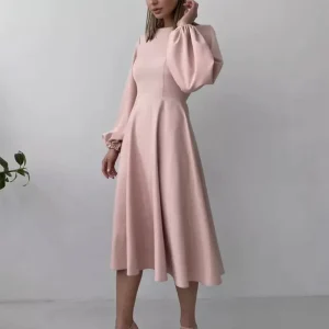 Women Elegant Dress Round Neck Long Bubble Sleeve High Waist Breathable Swing Prom Cocktail Maxi Dress