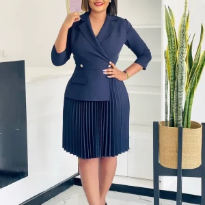 Women Elegant Formal Dress Lapel Collar Half Sleeve Midi Dress Solid Office Lady Spring Summer Pleated A line Dress