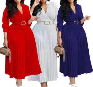 Women Elegant Pleated Maxi Dress Office Turn Down Collar Long Sleeve Belted Dress Lady African Plus Size A-line Dresses