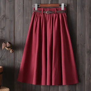 Women Elegant Summer A-Line Skirt High Waist Belted Lady Young Girl Solid Casual Midi Skirt