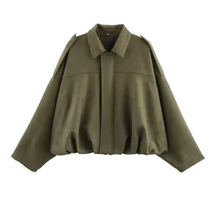 Women Europe Style Loose Coat Spring Autumn Casual Suede Texture Lapel Zipper Women’s Clothes Solid Color Pilot Jacket