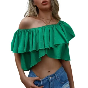 Women Fashion Shirts Round Neck Pleated Irregular Short Ladies Top