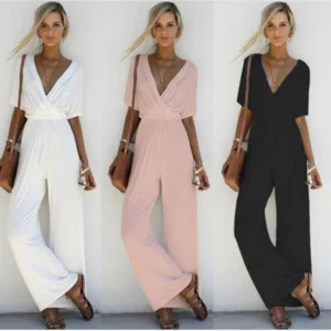 Women Fashion Short Sleeve Romper Summer Wide Leg Deep V Neck Jumpsuit