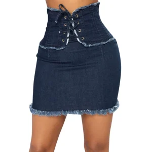 Women Fashion Skirt Solid Color High Waist Casual Denim Lace up Tassel Short Jean Skirt Women Skirt