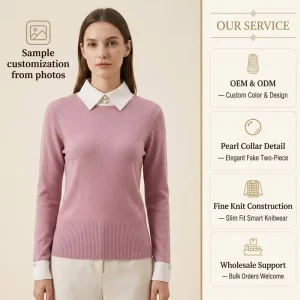 Women Faux Two Piece Knit Sweater Pearl Collar Pink Slim Fit Long Sleeve Pullover Ladies Elegant Office OEM