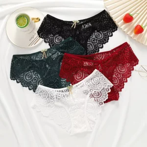 Women Floral Lace Bikini Panties Hollow Out Sheer Mesh Briefs Satin Bow Decor Low Rise Ladies Transparent Underwear