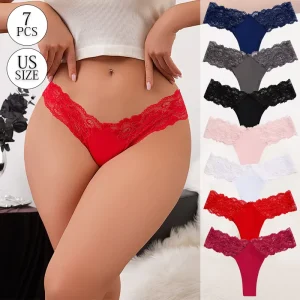 Women Floral Lace Thong Panties Low-Rise V Front Hollow Sheer Lace Breathable Underwear Multi Color Multipack Daily