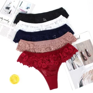 Women Floral Lace Thongs Hollow Out Sheer Mesh Low Rise Scalloped Waistband Sexy Ladies G string Underwear Panties Set