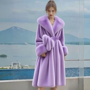 Women Fox Fur Collar Plus Size Faux Fur Coat With Fur Trim