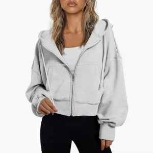 Women Full Zip up Cropped Sweatshirts Hoodies Plain Color Cotton Terry Fleece Drawstring Drop Shoulder Hoodie