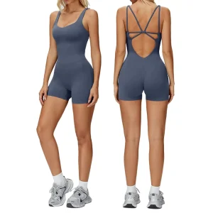 Women Girls Soft Comfort Quick Dry Compression Fitness Hollow Back One Piece Sexy Yoga Square Neck Shorts Gym Romper
