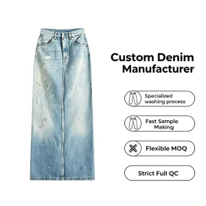 Women Gradient Washed Paint Splatter Distressed High Waist Straight Maxi Denim Skirt