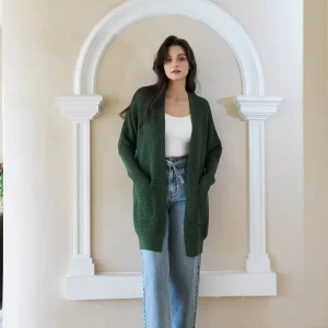 Women Green Boho Romantic Mid Length Loose Plain Cardigan Casual Ladies Comfort Sweaters Knit