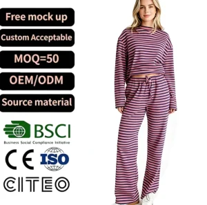 Women Green Striped Long Sleeve Button Down Top Wide Leg Pants Set Casual Lounge Wear Two Piece Outfit Soft Knit Fabric Cozy Fit