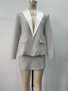 Women Grey Tailored Suit Set Contrast White Lapel Collar Long Sleeve Blazer High Waist Mini Skirt Elegant Casual OL