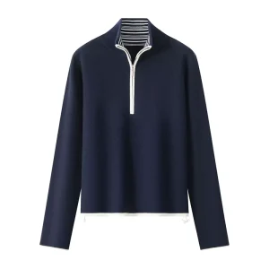 Women Half Zip Stand Collar Knit Sweater Drawstring Hem Long Sleeve Casual Knit Pullover