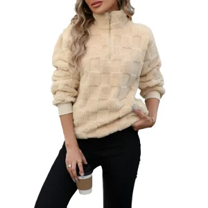 Women Half Zipper Sweatshirts Pullover Jackets Fleece Women’s Clothing Warm Checkered Winter Coats