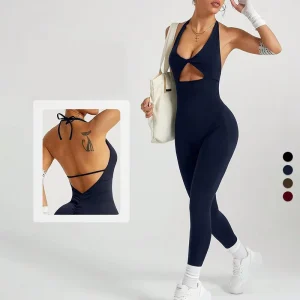 Women Halter Backless Gym One Piece Romper Training Workout Scrunch Jumpsuit