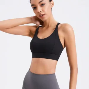 Women High Support Breathable Crisscross Straps Eco Friendly Yoga Gym Workout Sports Bra with Permanent Cup and Sewn in Pads