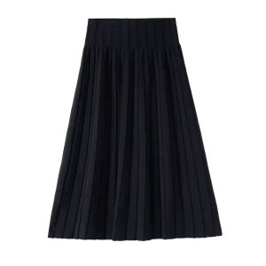 Women High Waist Black Pleated Midi Skirt Vertical Stripe A-Line Long Skirt Solid Flowy Mid-Length Skirt
