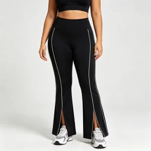 Women High Waist Bootcut Yoga Pants White Stripes Slit Hem Breathable Elastic Tummy Control Slim Fit Sports Workout Leggings