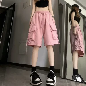 Women High Waist Cargo Shorts Summer Thin Ladies Wide Leg Short Pants Fashion Streetwear Female Big Pocket Loose Shorts