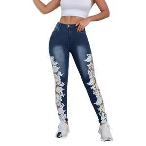Women High Waist Skinny Ripped Lace Embroidered Jeans Striped Letter Pattern Light Wash Eco Friendly Spandex OEM