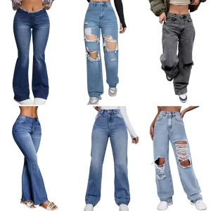 Women High Waist Straight Breathable Ripped Jeans Distressed Denim Pants Casual Streetwear Daily Outings Party Clubwear