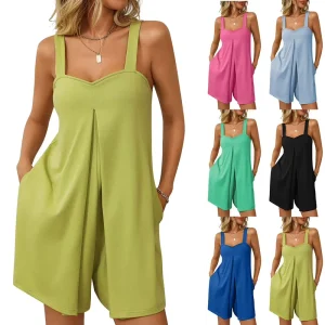 Women High Waist Summer Knitted Breathable Casual Regular Pants Sleeveless Jumpsuit Outdoor Romper Above Knee