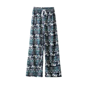 Women High Waist Wide Leg Straight Pants Elastic Waist Loose Casual Trousers Print Breathable Office Lady Summer Bottoms