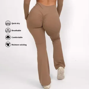 Women High Waisted Elastic Activewear Yoga Pants Custom Wide Leg Quick Dry Flared Pants Four Way Stretch Plus Size Scrunch Butt