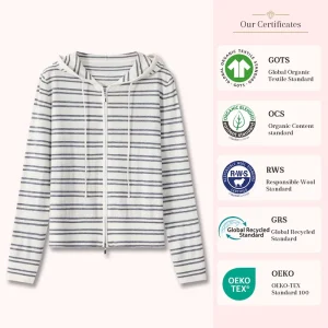 Women Horizontal Stripe Hooded Knit Cardigan Wool Blend Full Zip Long Sleeve Knitted Jacket Casual Outerwear