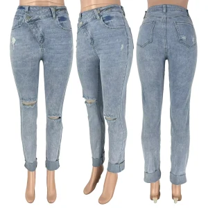Women Jeans Washing Pencil Pants Holes Denim Full Length Slim Fit Pockets Zipper Fly High Street Spring Solid Slight Stretch