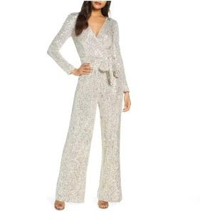 Women Jumpsuit Sequin Wrap Front Romper Long Sleeve Jumpsuit