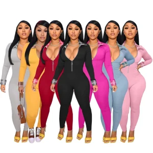 Women Jumpsuits Autumn Ladies Bodycon Rompers Long Sleeve Zipper Turn Down Collar One Piece Jumpsuits Elegant Jumpsuit Women