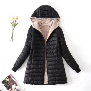Women Keep Warm Winter Jacket Hooded Long Sleeve Thin Fleece Coat Slim Fit Lady Coat