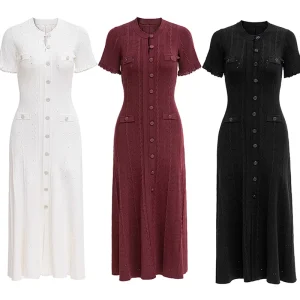 Women Knit Short Sleeve Single-breasted O-neckline Fitted Flared Breathable Vintage Simple Maxi Solid