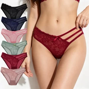 Women Knitted Lace Thongs Double Straps Hollow Out Low Rise Sheer Underwear With Bow Breathable