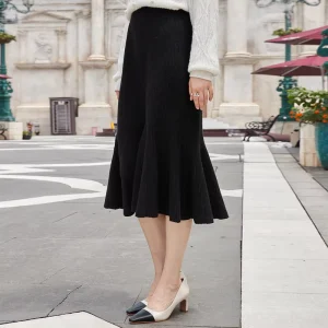 Women Knitted Skirt Spring Autumn Solid Color Fishtail Skirt Elastic Mid-Length