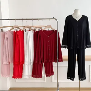 Women Lace Nightgown Long Sleeves and Long Pants Pajamas Set Women’s Loungewear Set Loose fitting Suitable for Wearing Outside