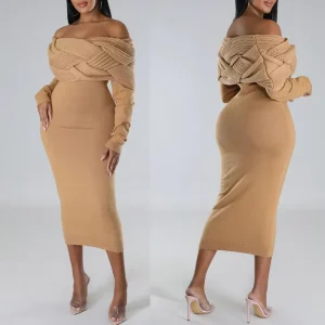 Women Lady Elegant Knitted Dress Dropped Shoulders Women’s Clothing Plus Size Dresses