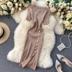 Women Lady Elegant Korean Solid Color Buttoned Slim Short-Sleeved Knitted Slit Bodycon Dress