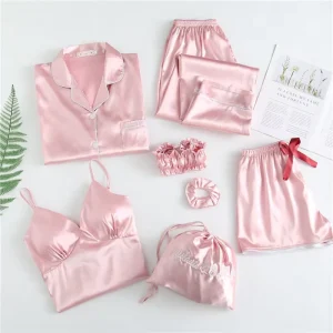 Women Lady Satin Sleepwear Women’s Home Suit Seven Piece Set Ice Silk Long Sleeved Solid Color Sleepwear Set Suits