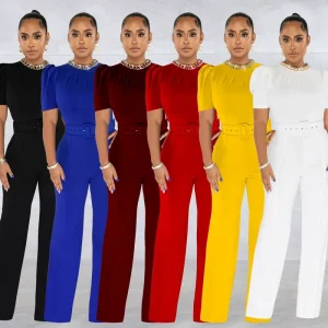 Women Lady Short Sleeve Slim Jumpsuits Belt Waist Chain Collar Long Pants Solid Color Elegant One Piece Casual Jumpsuit